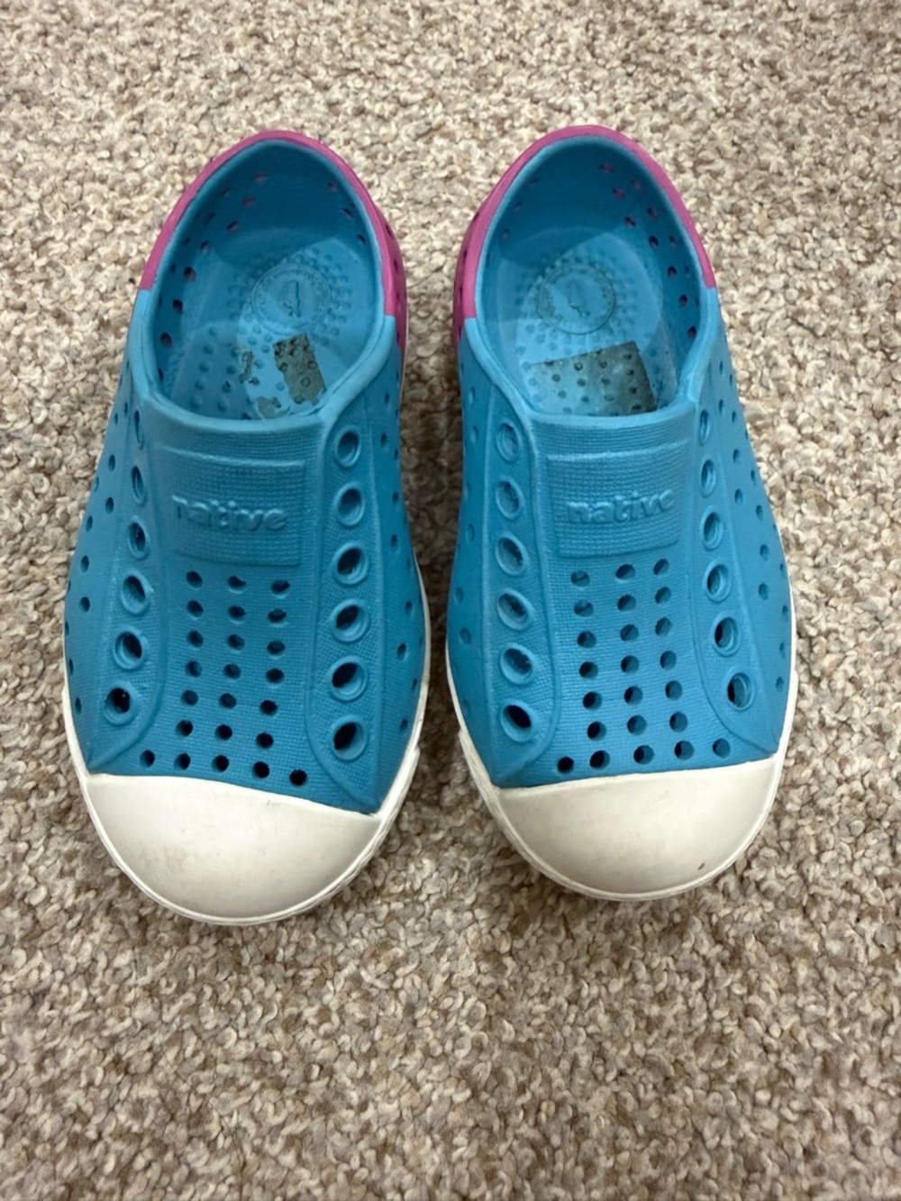 Native Kids Water Shoes in Blue with Pink Heel Accent